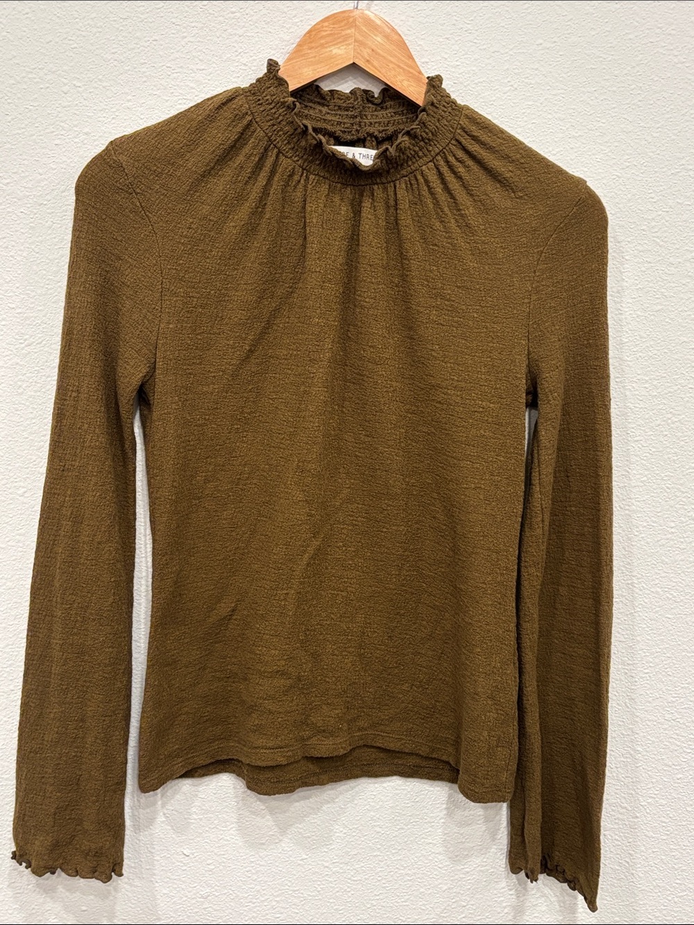 Madewell Women's Cotton Ruffle Mock Neck Long Sleeve Top Olive XS